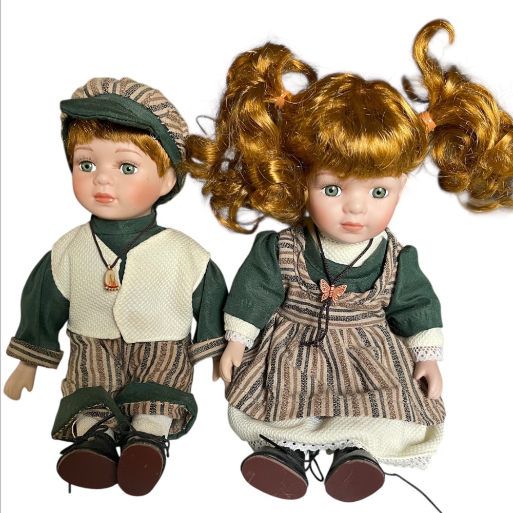 Vintage Imperfect Perfect Set of Two Sitting Brother & Sister Porcelain Dolls 8” - Picture 1 of 9